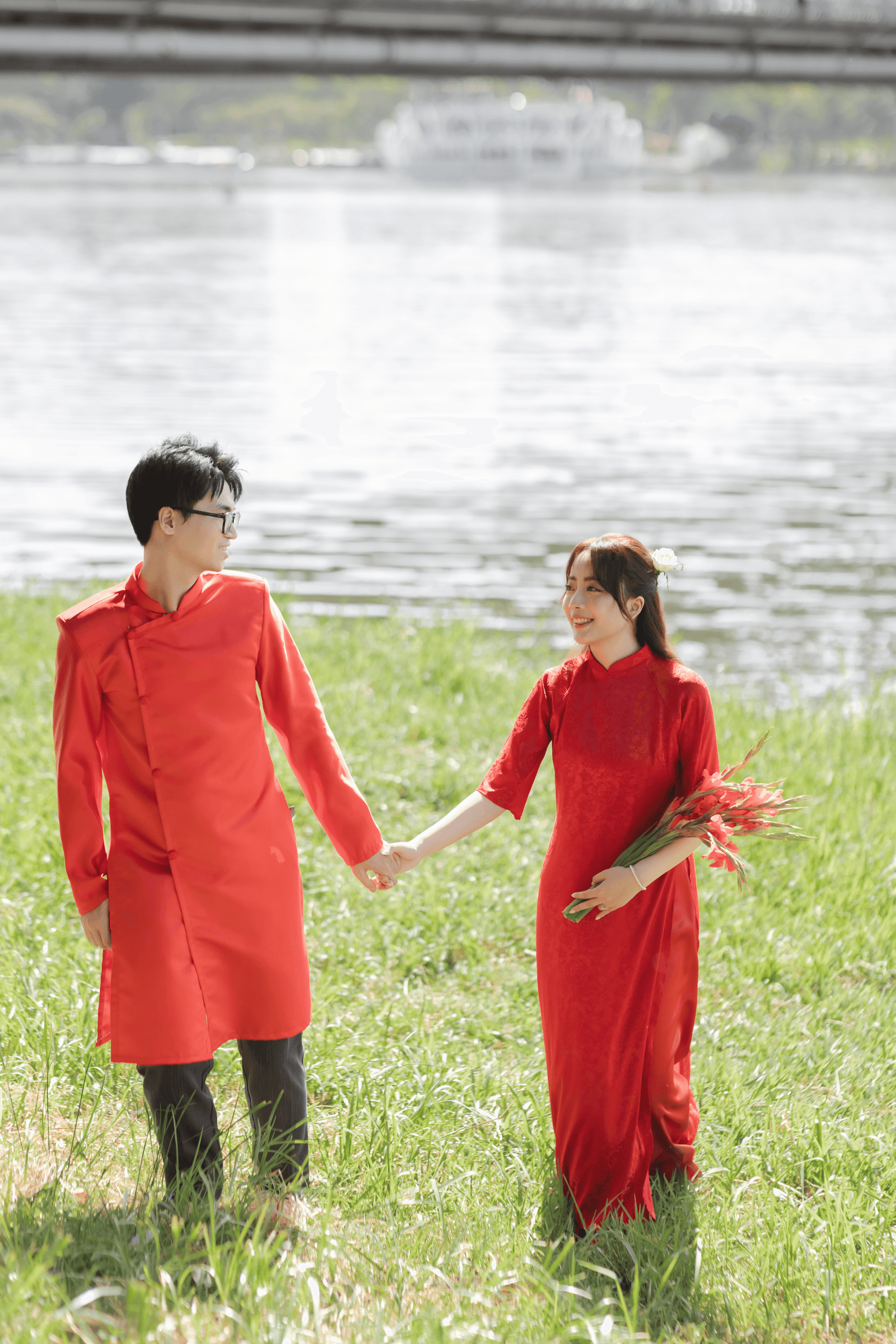 Couple in red outfits